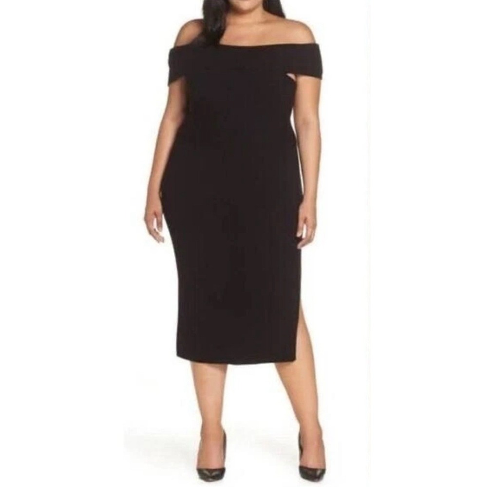 Eliza J Women Off the Shoulder MIDI Sweater Knit Dress Black Side Slit Ribbed‎
